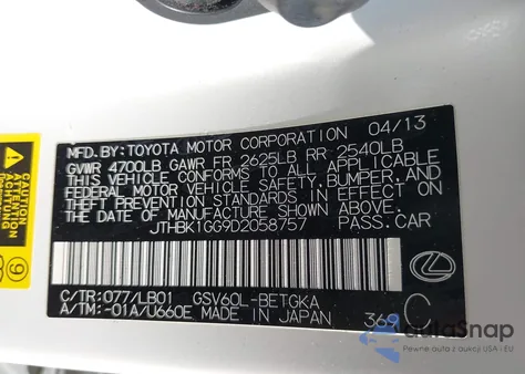 2013 Lexus Es 350 from USA, damaged, VIN JTHBK1GG9D2058757